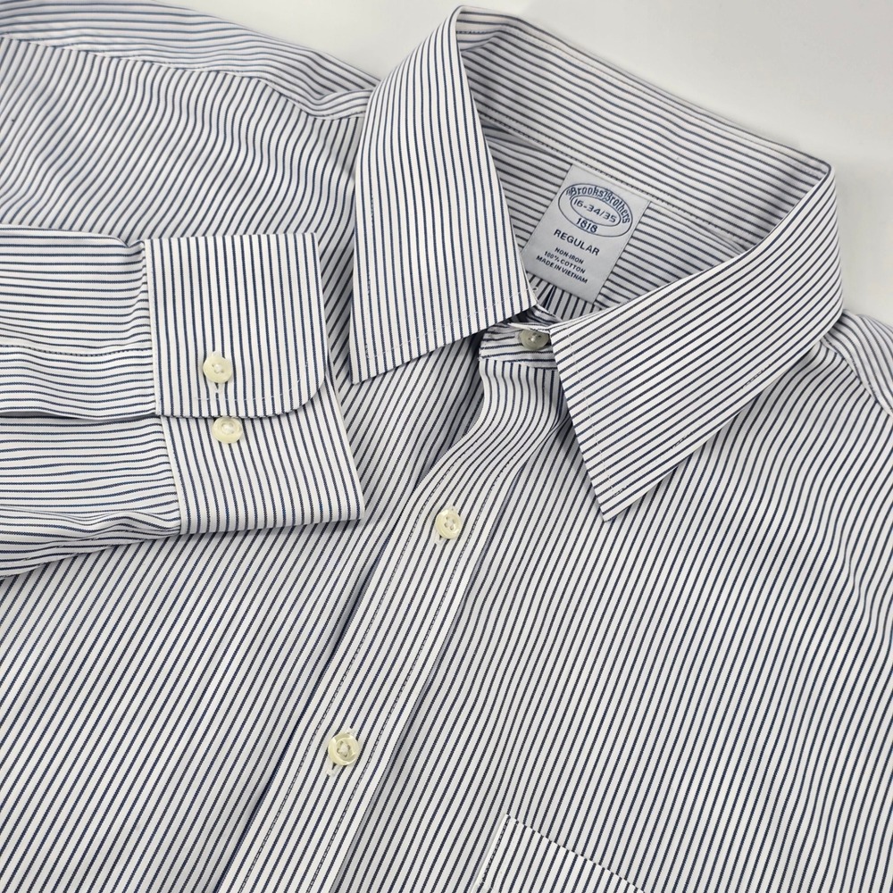 Brooks Brothers Button Down Shirt Mens 16-34/35 Blue White Stripe Regular Fit